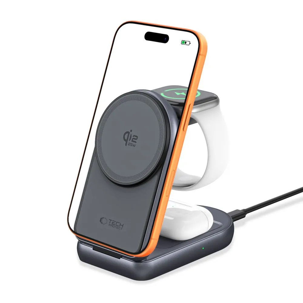 Caricatore da rete wireless Tech-Protect A53 3in1, 25W, Grigio - immagine 1