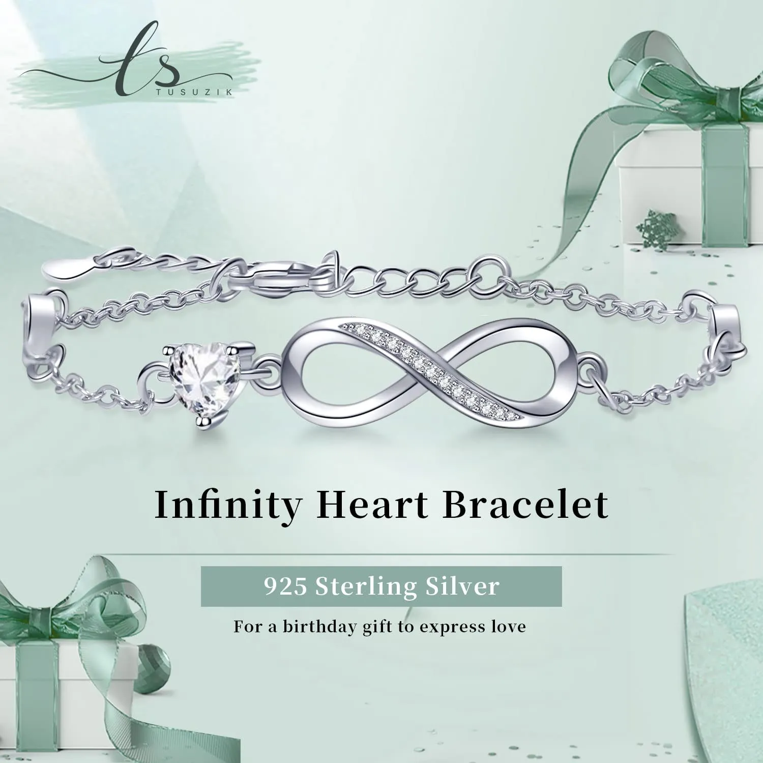 Tusuzik Bracciale Argento 925 Donna Infinito con Cuore Zirconi - immagine 4