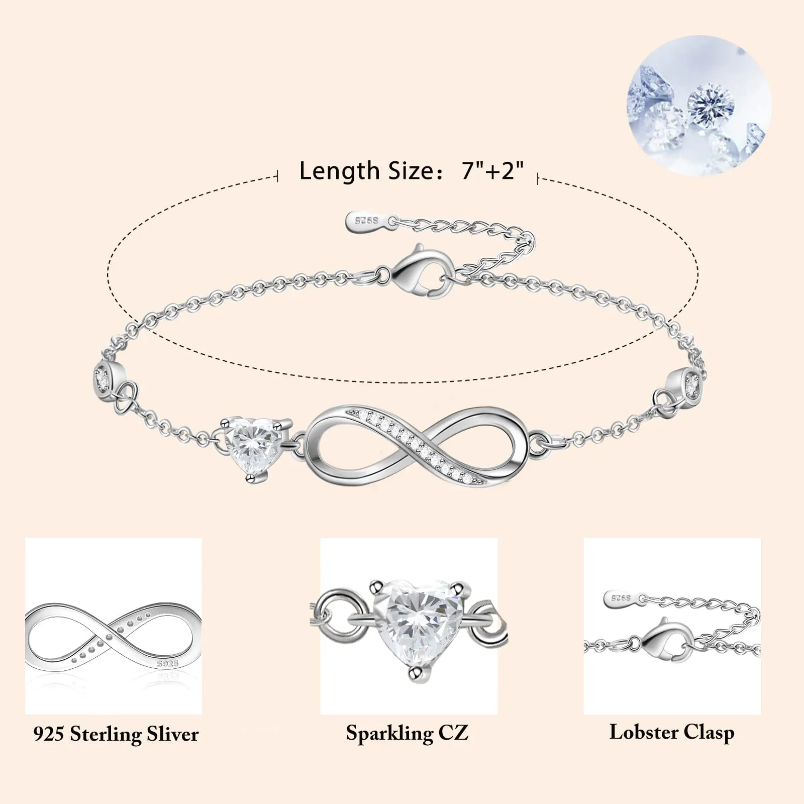 Tusuzik Bracciale Argento 925 Donna Infinito con Cuore Zirconi - immagine 6