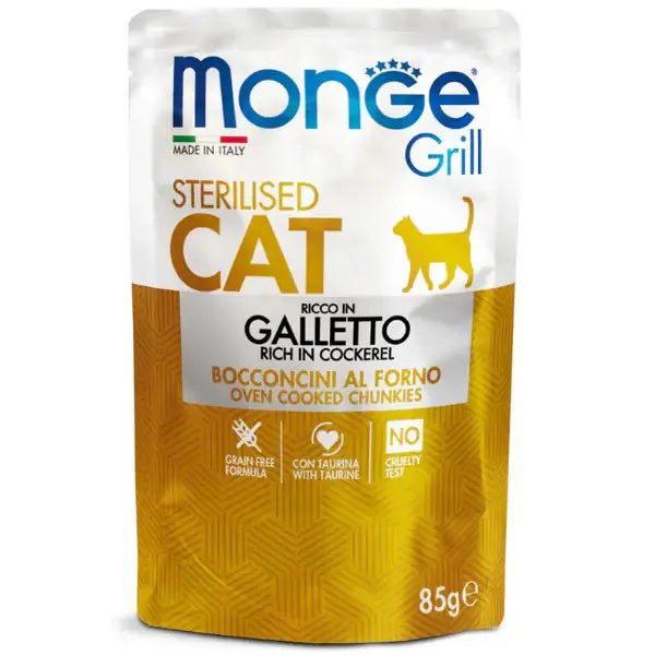 Monge Grill Grain Free Sterilised Cat bocconcini 85 gr Galletto - confezione da 28 pezzi - Cibo umido per gatti - immagine 1