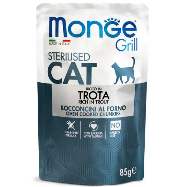 Monge Grill Grain Free Sterilised Cat bocconcini 85 gr Trota - confezione da 28 pezzi - Cibo umido per gatti - immagine 1
