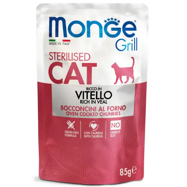 Monge Grill Grain Free Sterilised Cat bocconcini 85 gr Vitello - confezione da 28 pezzi - Cibo umido per gatti - immagine 1