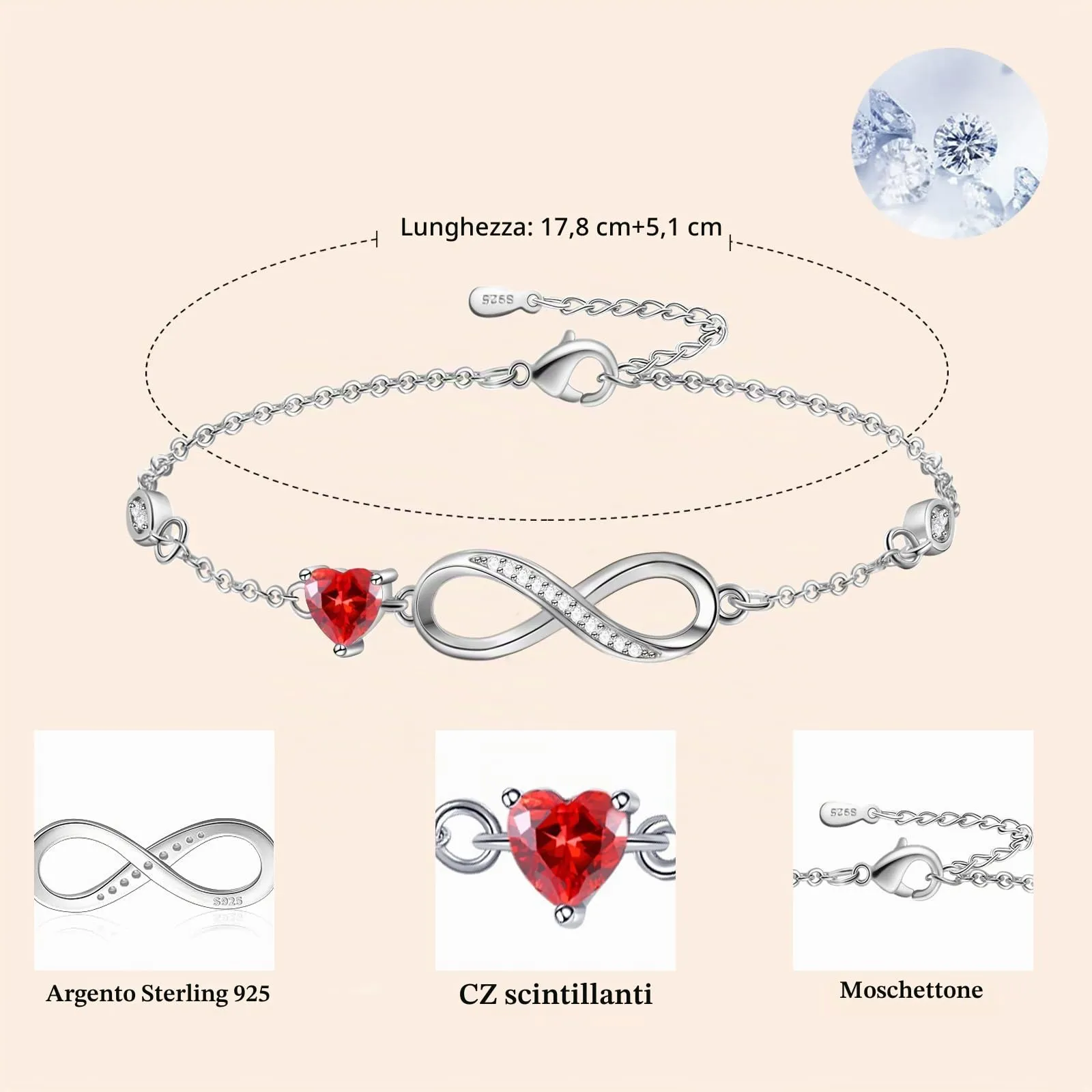 Tusuzik Bracciale Argento 925 Donna Infinito con Cuore Zirconi - immagine 4