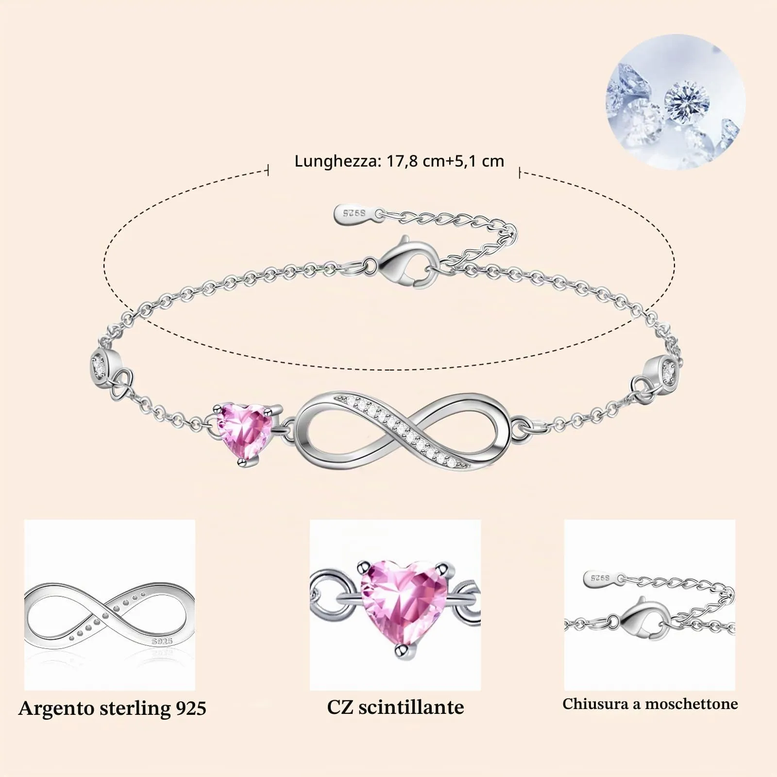 Tusuzik Bracciale Argento 925 Donna Infinito con Cuore Zirconi - immagine 5