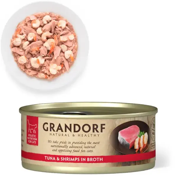 Grandorf Cat Adult Grain Free Filetti in brodo 70 gr Tonno con gamberetti - confezione da 12 pezzi - Cibo umido per gatti - immagine 1