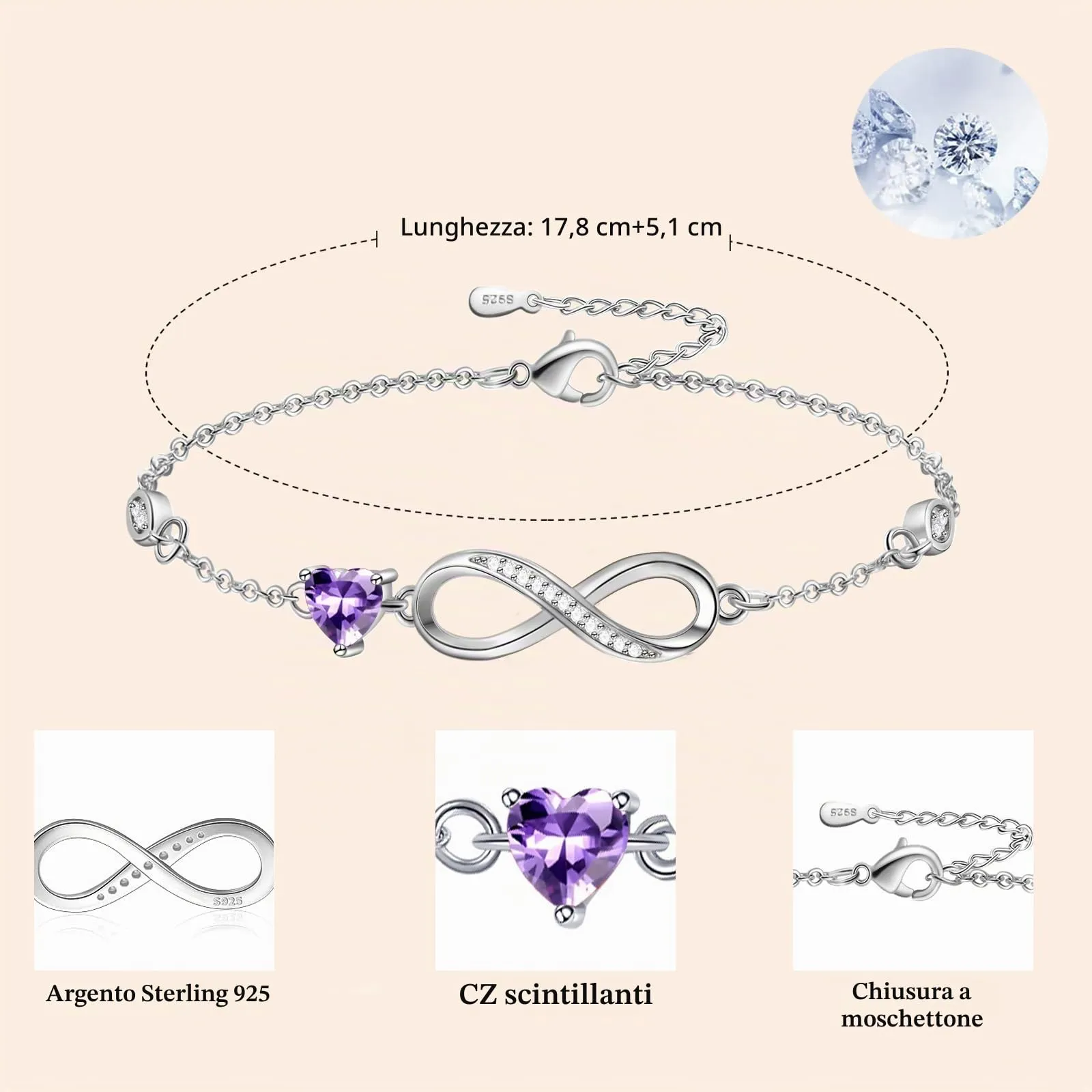 Tusuzik Bracciale Argento 925 Donna Infinito con Cuore Zirconi - immagine 2