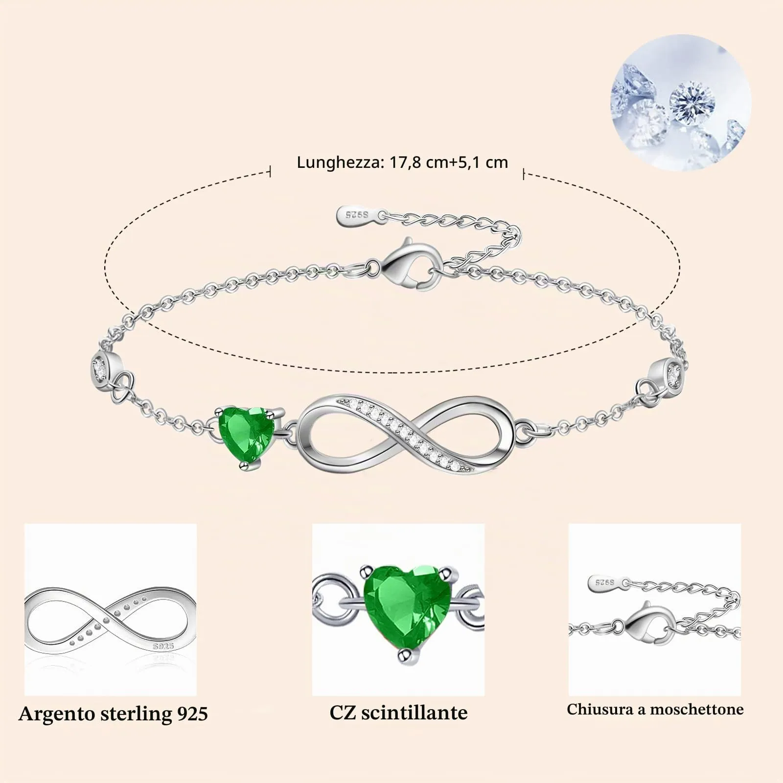 Tusuzik Bracciale Argento 925 Donna Infinito con Cuore Zirconi - immagine 2