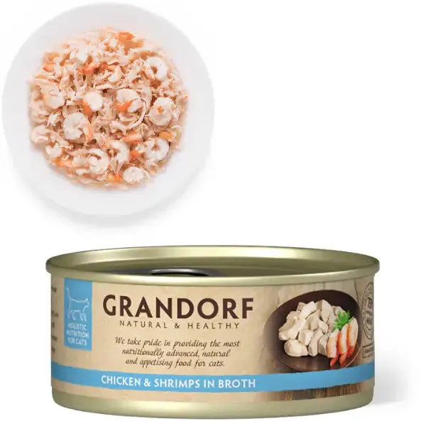 Grandorf Cat Adult Grain Free Filetti in brodo 70 gr Pollo con gamberetti - confezione da 12 pezzi - Cibo umido per gatti - immagine 1