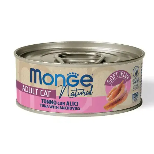 Monge Natural Adult cottura al vapore in Jelly 80 gr Tonno con alici - confezione da 24 pezzi - Cibo umido per gatti - immagine 1
