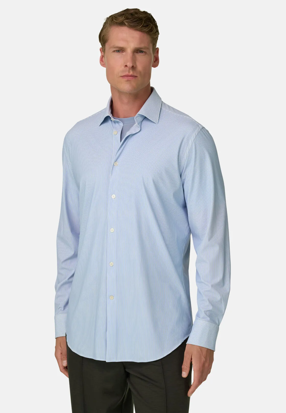 Boggi, Camicia A Righe In Nylon Elasticizzato B Tech Slim Fit, Uomo, Azzurro, Taglia: XS - immagine 1