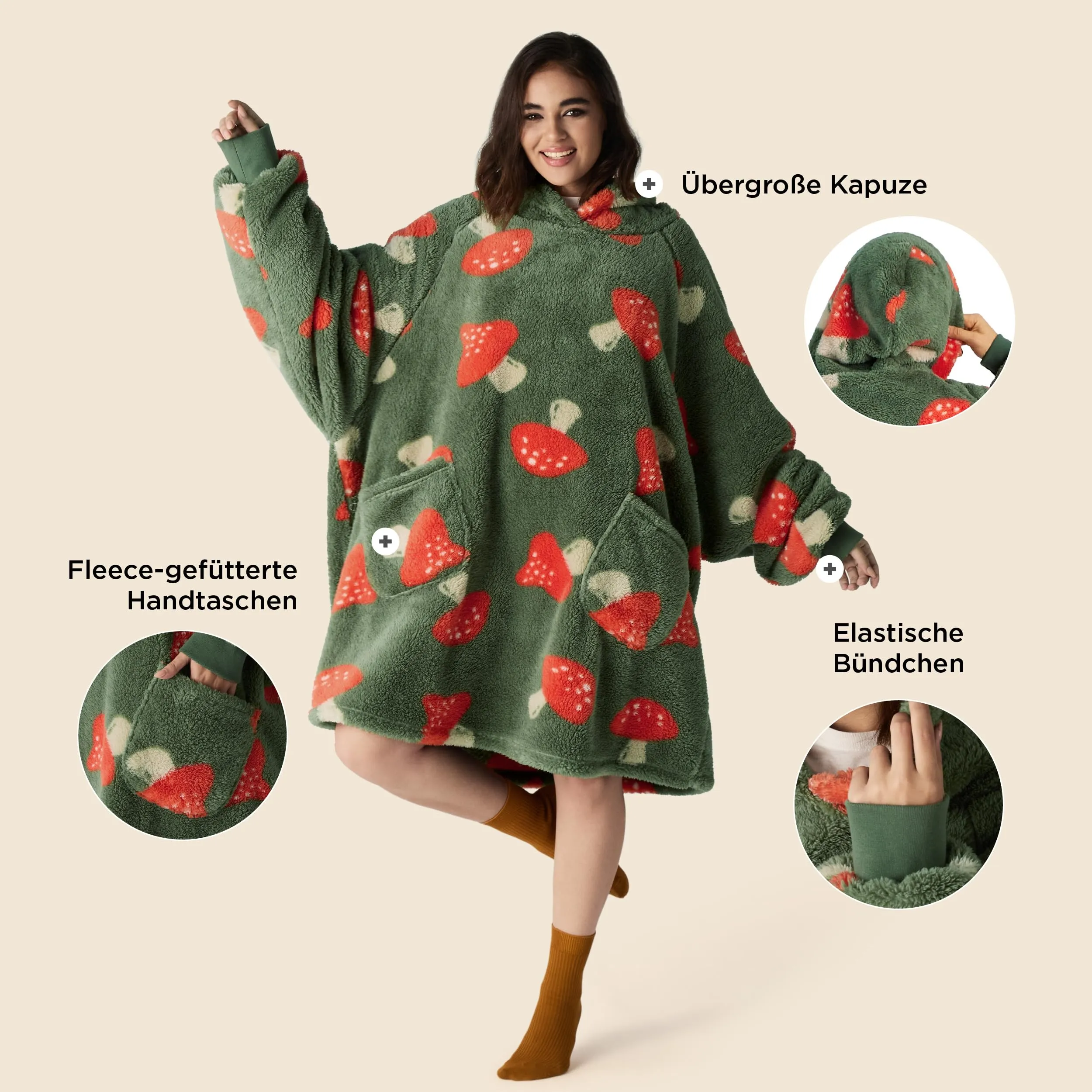 Bedsure Coperta con Cappuccio e Maniche Regalo Grigio Oliva - 95x85 Fungo - immagine 2