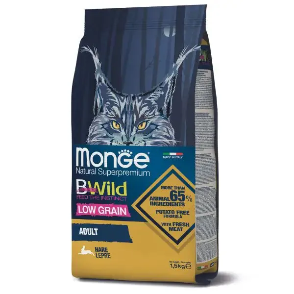 Monge BWild Cat Low Grain Adult alla Lepre 1,5 kg (scadenza: 15/03/2027) - Croccantini per gatti - immagine 1