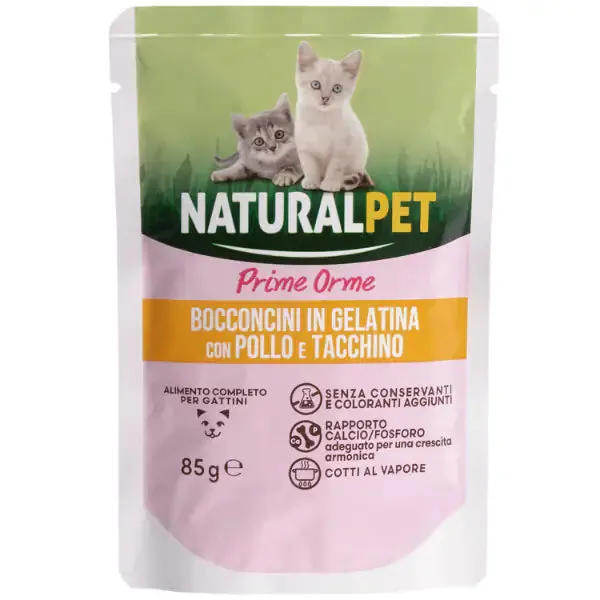 NaturalPet Prime Orme Kitten bocconcini in gelatina 85 gr Pollo e tacchino - confezione da 6 pezzi - immagine 1
