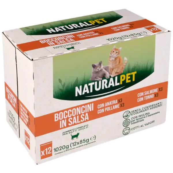 NaturalPet Cat Adult Bocconcini in salsa multipack 12x85 gr 3x Anatra 3x Pollame 3x Salmone 3x Tonno - immagine 1