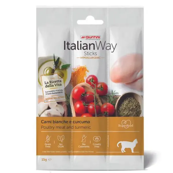 ItalianWay Sticks Hypoallergenic Gatto 15 gr Carni bianche e Curcuma - immagine 1