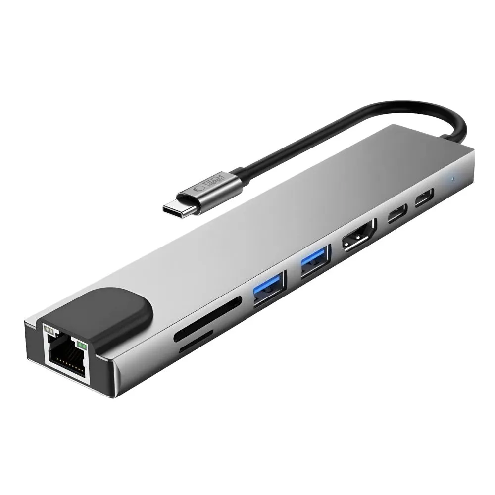 Hub USB-C Tech-Protect HB09, 2 x USB-A 3.0 - 2 x USB-C - 1 x HDMI - 1 x RJ45 - 1 x SD - 1 x microSD, Grigio - immagine 1