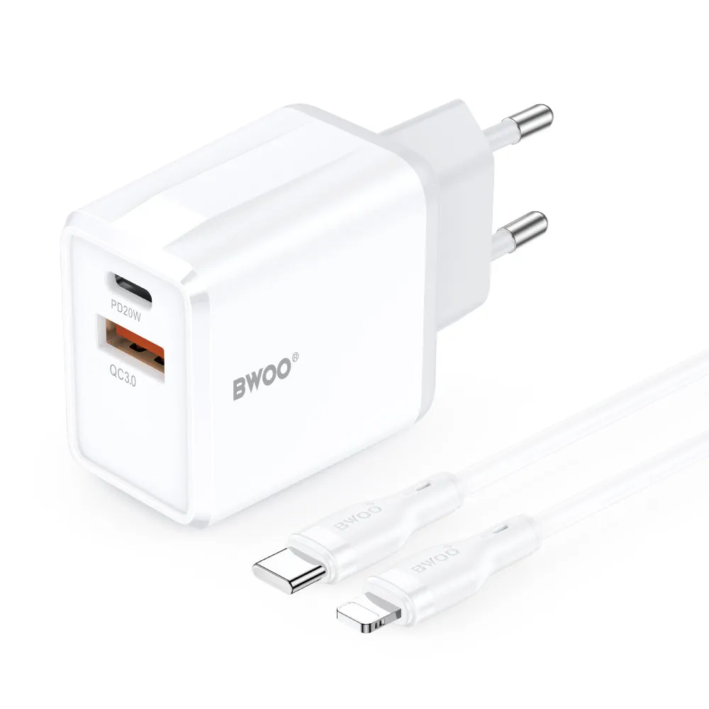 Caricatore da Rete con Cavo Lightning BWOO CDA182, 38W, 3A, 1 x USB-A - 1 x USB-C, Bianco - immagine 1