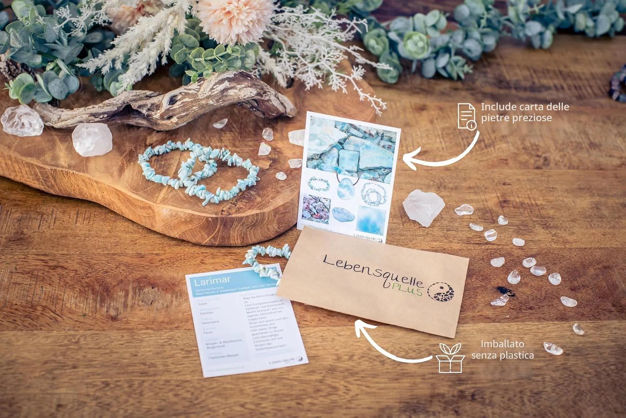 Lebensquelle Plus Bracciale popolare a schegge | Bracciale elastico artigianale a schegge | Vera pietra naturale (Larimar) - immagine 3