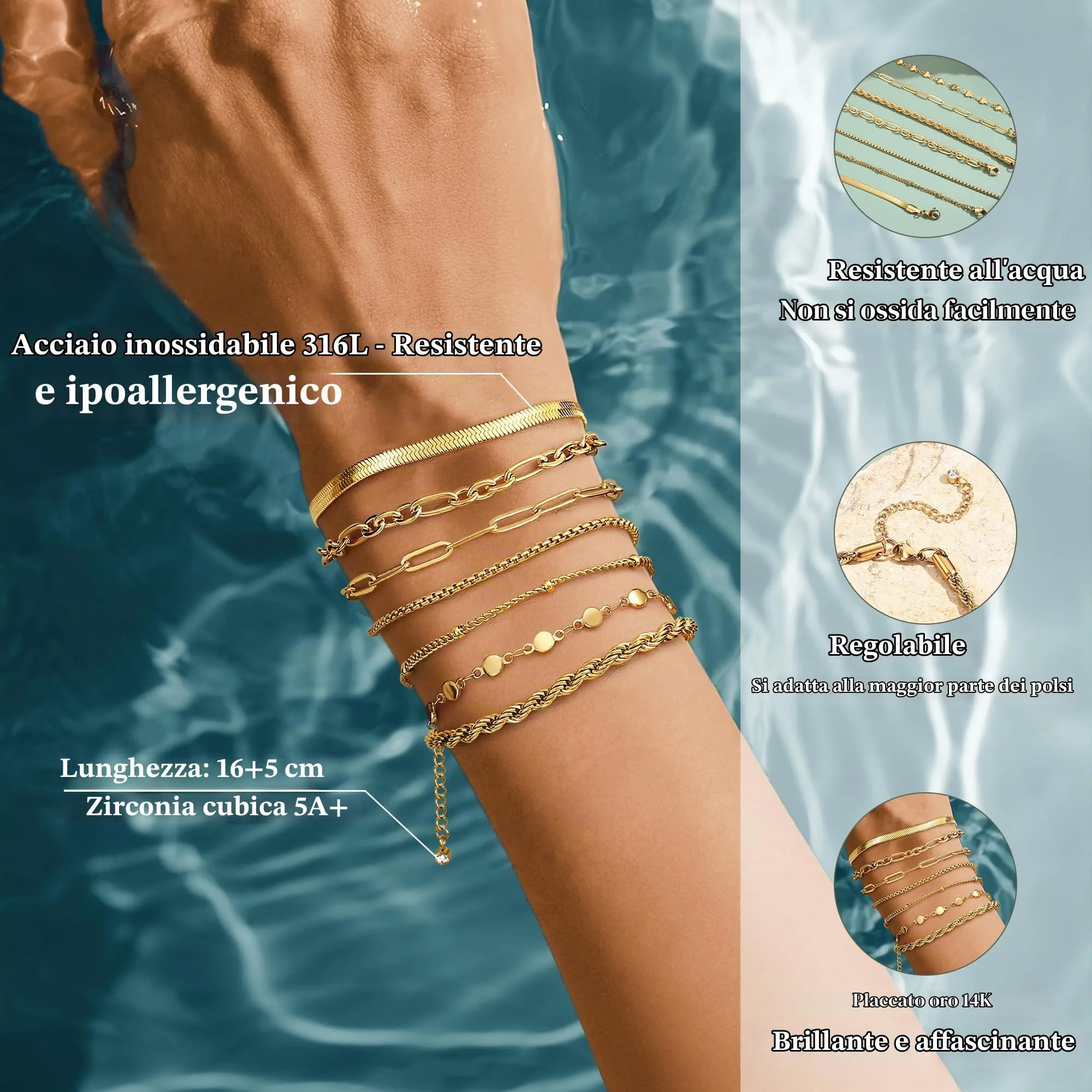 Adramata 7Pcs Bracciali Donna Acciaio Inossidabile Set Impilabili - immagine 2