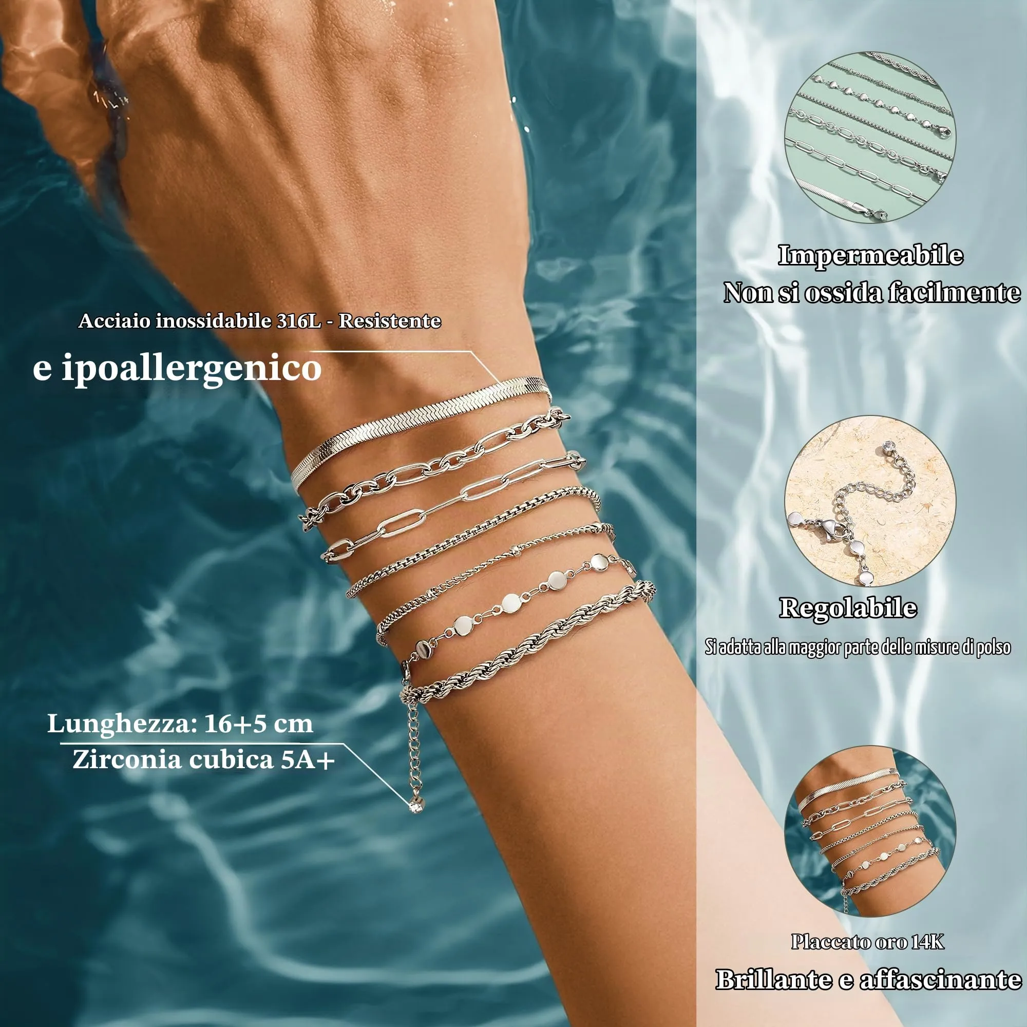 Adramata 7Pcs Bracciali Donna Acciaio Inossidabile Set Impilabili - immagine 2