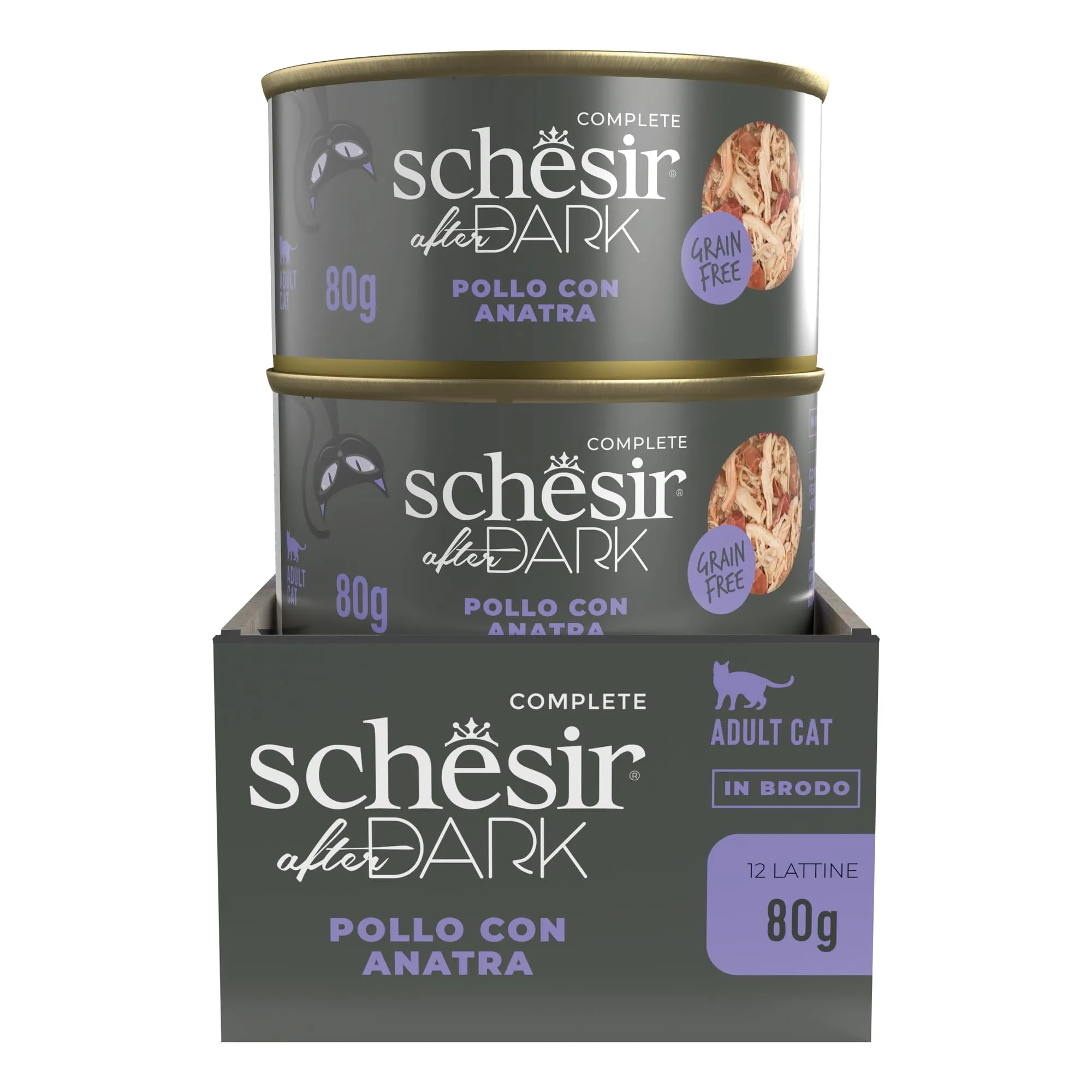 Schesir After Dark, Filetti di Pollo con Anatra in Brodo, Alimento Umido Completo per Gatti, in Lattina, Grain Free, Alto Contenuto di Proteine, Fonte di Idratazione, 12 x 80 g - immagine 2