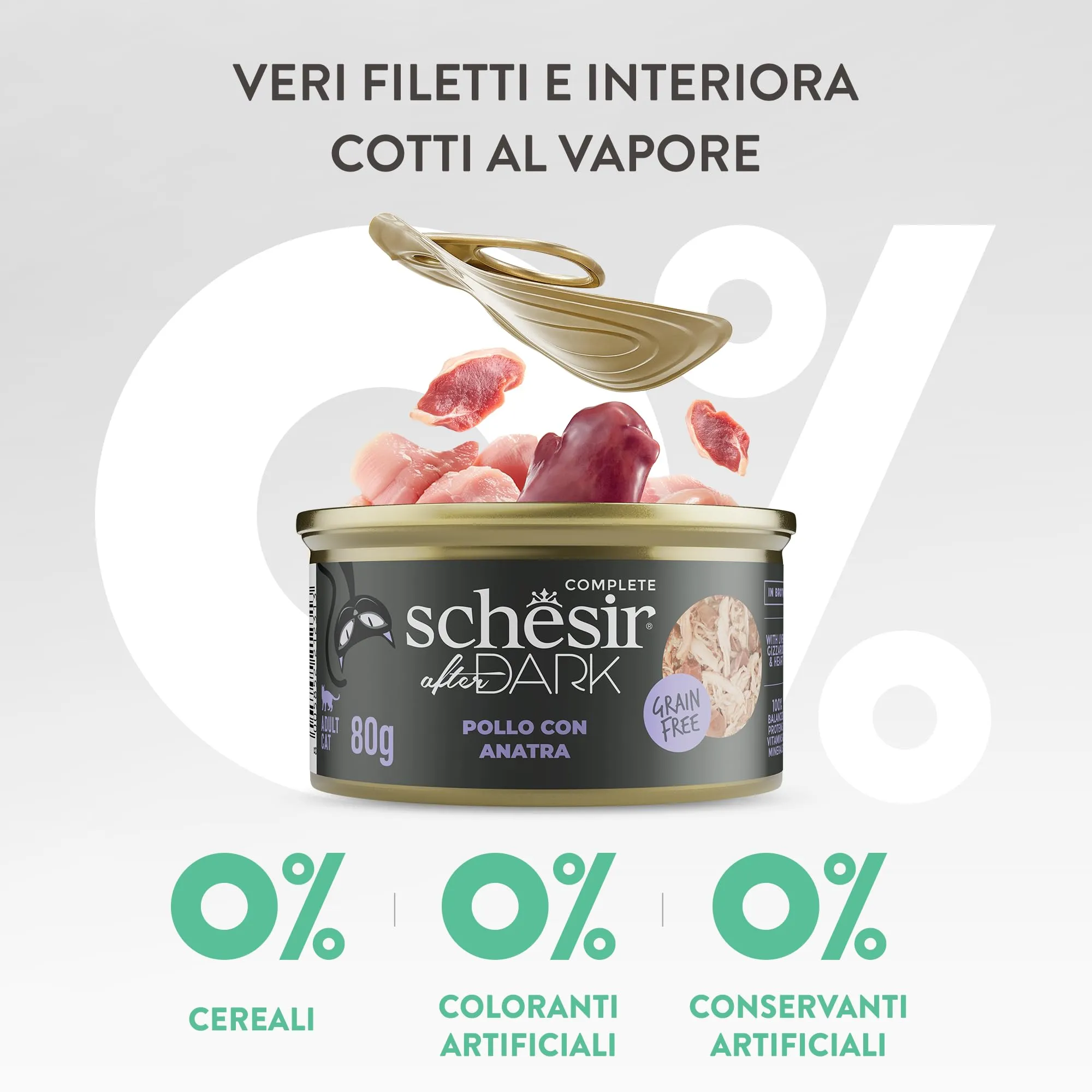 Schesir After Dark, Filetti di Pollo con Anatra in Brodo, Alimento Umido Completo per Gatti, in Lattina, Grain Free, Alto Contenuto di Proteine, Fonte di Idratazione, 12 x 80 g - immagine 8