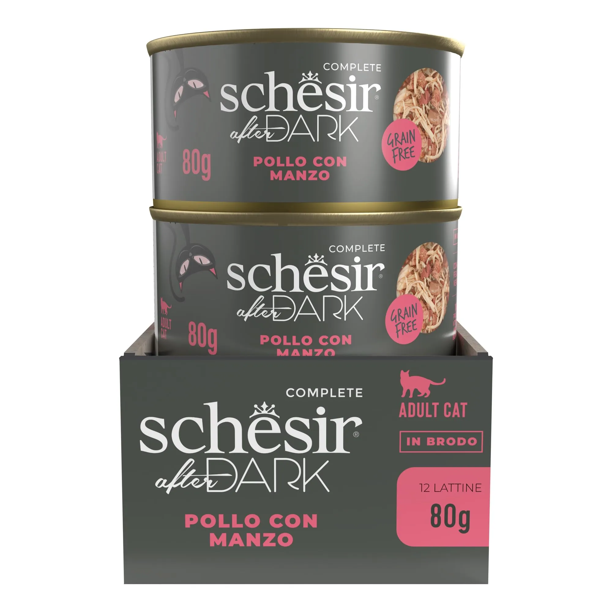 Schesir After Dark, Filetti di Pollo con Manzo in Brodo, Alimento Umido Completo per Gatti, in Lattina, Grain Free, Alto Contenuto di Proteine, Ricco di Idratazione, 12 x 80 g - immagine 2