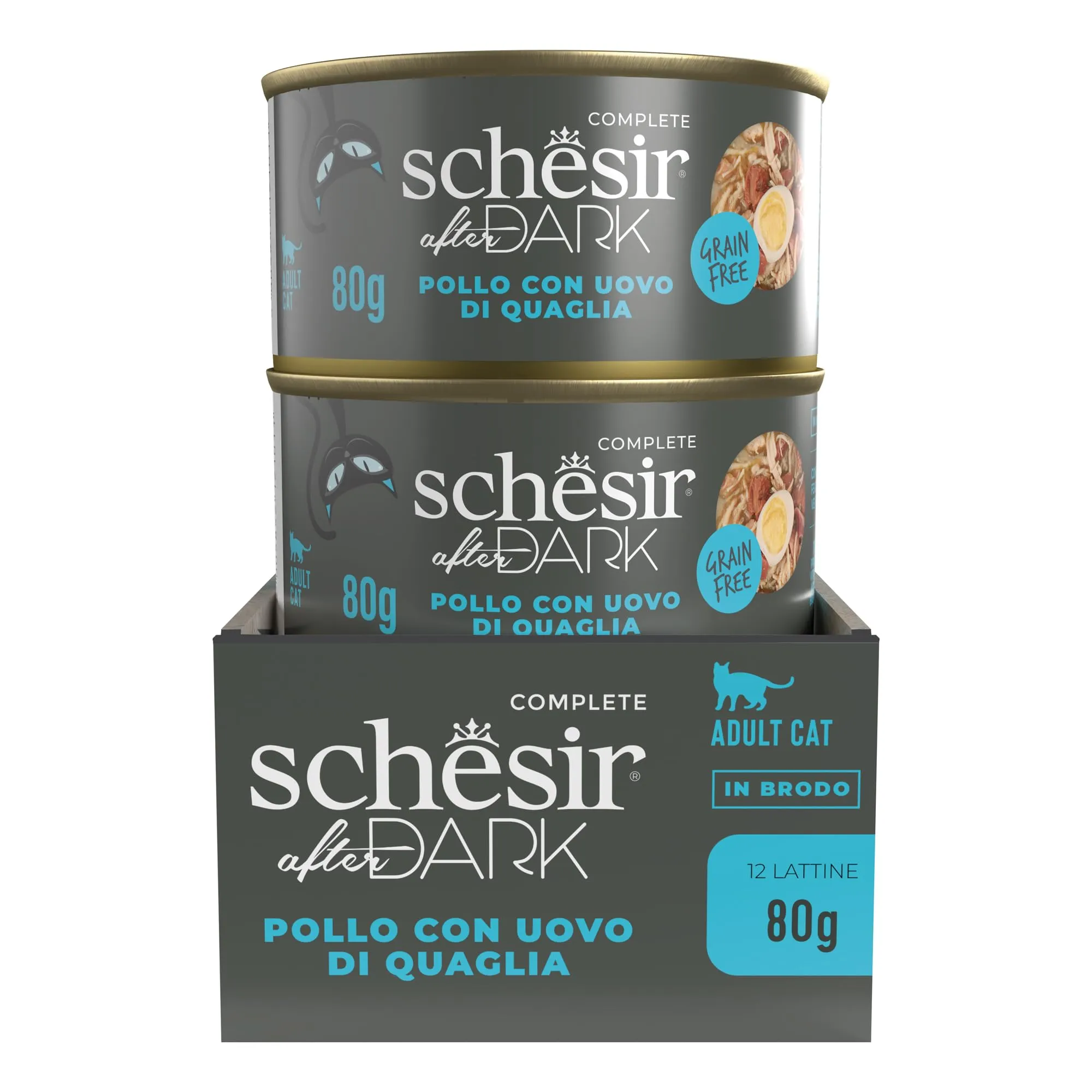 Schesir After Dark, Filetti di Pollo con Uova di Quaglia in Brodo, Alimento Umido Completo per Gatti, in Lattina, Grain Free, Alto Contenuto di Proteine, Fonte di Idratazione, 12 x 80 g - immagine 2