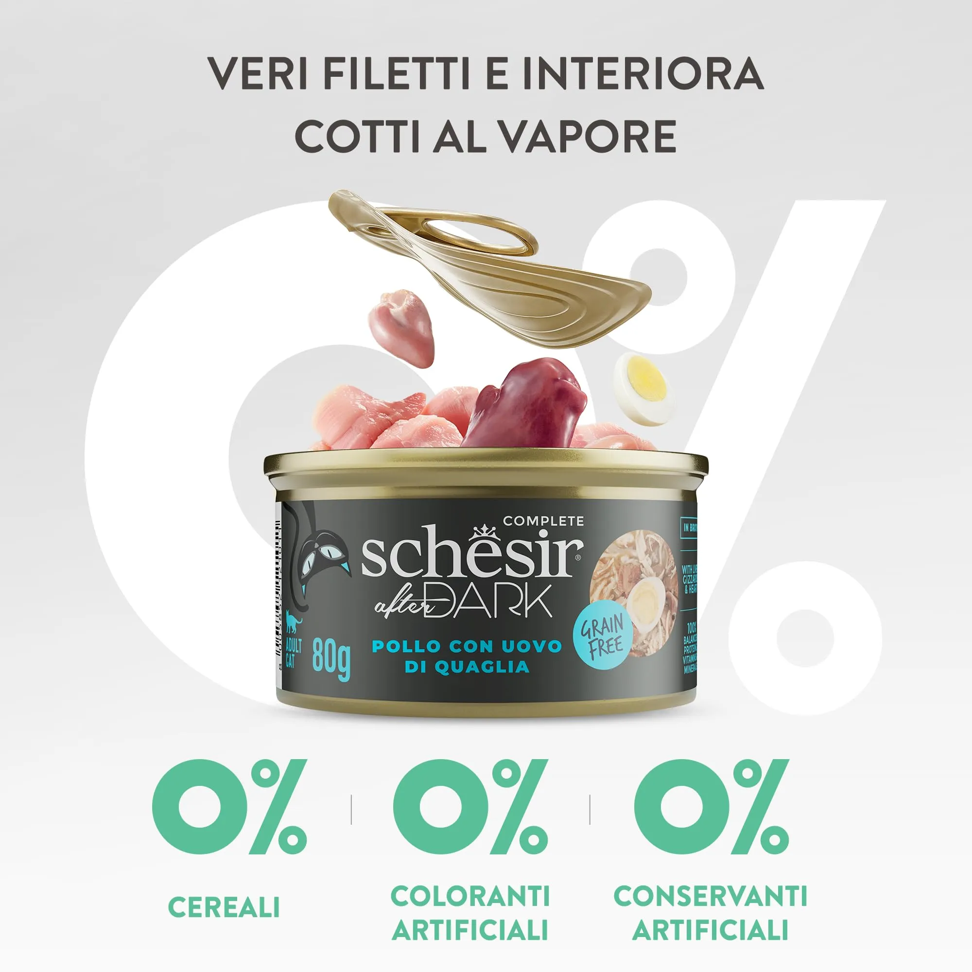 Schesir After Dark, Filetti di Pollo con Uova di Quaglia in Brodo, Alimento Umido Completo per Gatti, in Lattina, Grain Free, Alto Contenuto di Proteine, Fonte di Idratazione, 12 x 80 g - immagine 8