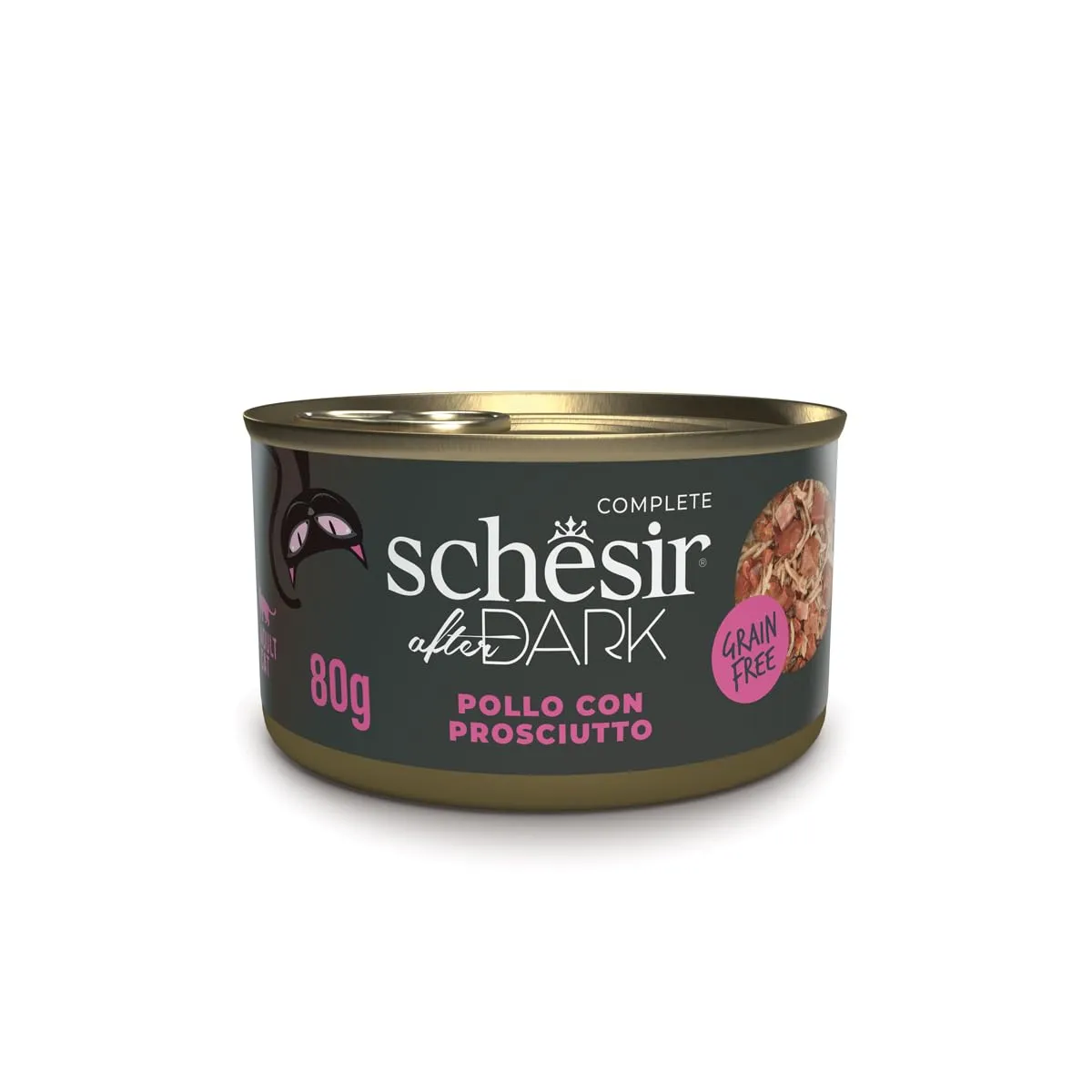 Schesir After Dark, Filetti di Pollo con Prosciutto in Brodo, Alimento Umido Completo per Gatti, in Lattina, Grain Free, Alto Contenuto di Proteine, Fonte di Idratazione, 12 x 80 g - immagine 1
