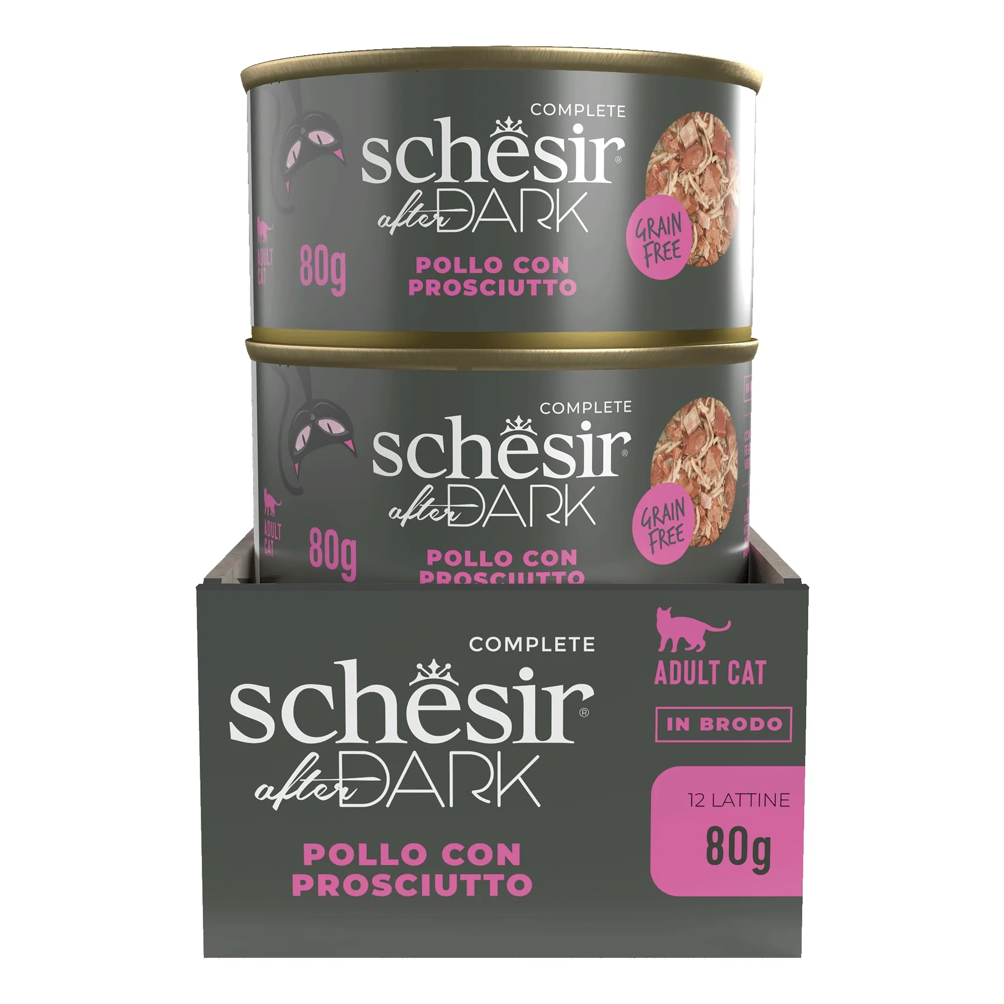 Schesir After Dark, Filetti di Pollo con Prosciutto in Brodo, Alimento Umido Completo per Gatti, in Lattina, Grain Free, Alto Contenuto di Proteine, Fonte di Idratazione, 12 x 80 g - immagine 3
