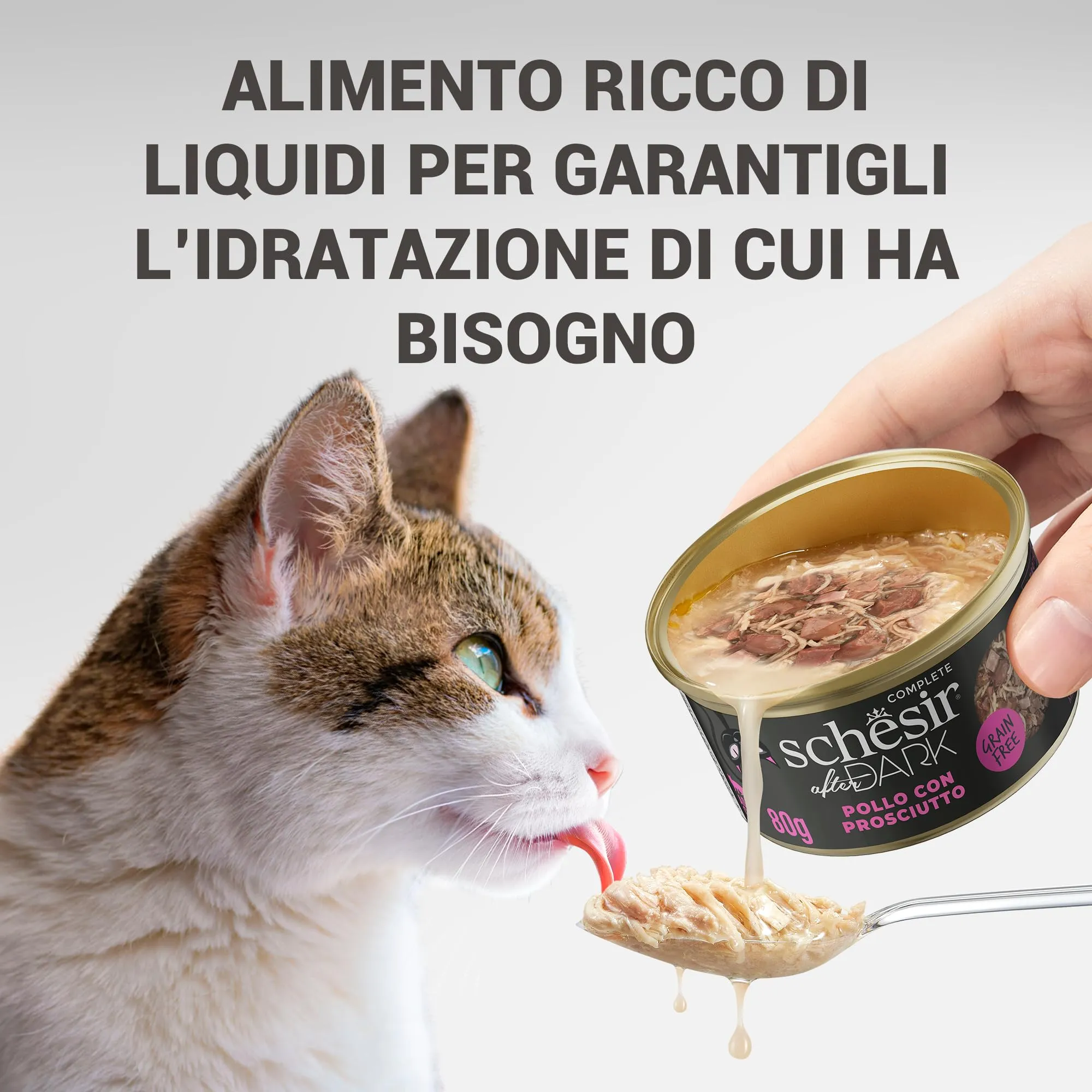 Schesir After Dark, Filetti di Pollo con Prosciutto in Brodo, Alimento Umido Completo per Gatti, in Lattina, Grain Free, Alto Contenuto di Proteine, Fonte di Idratazione, 12 x 80 g - immagine 7