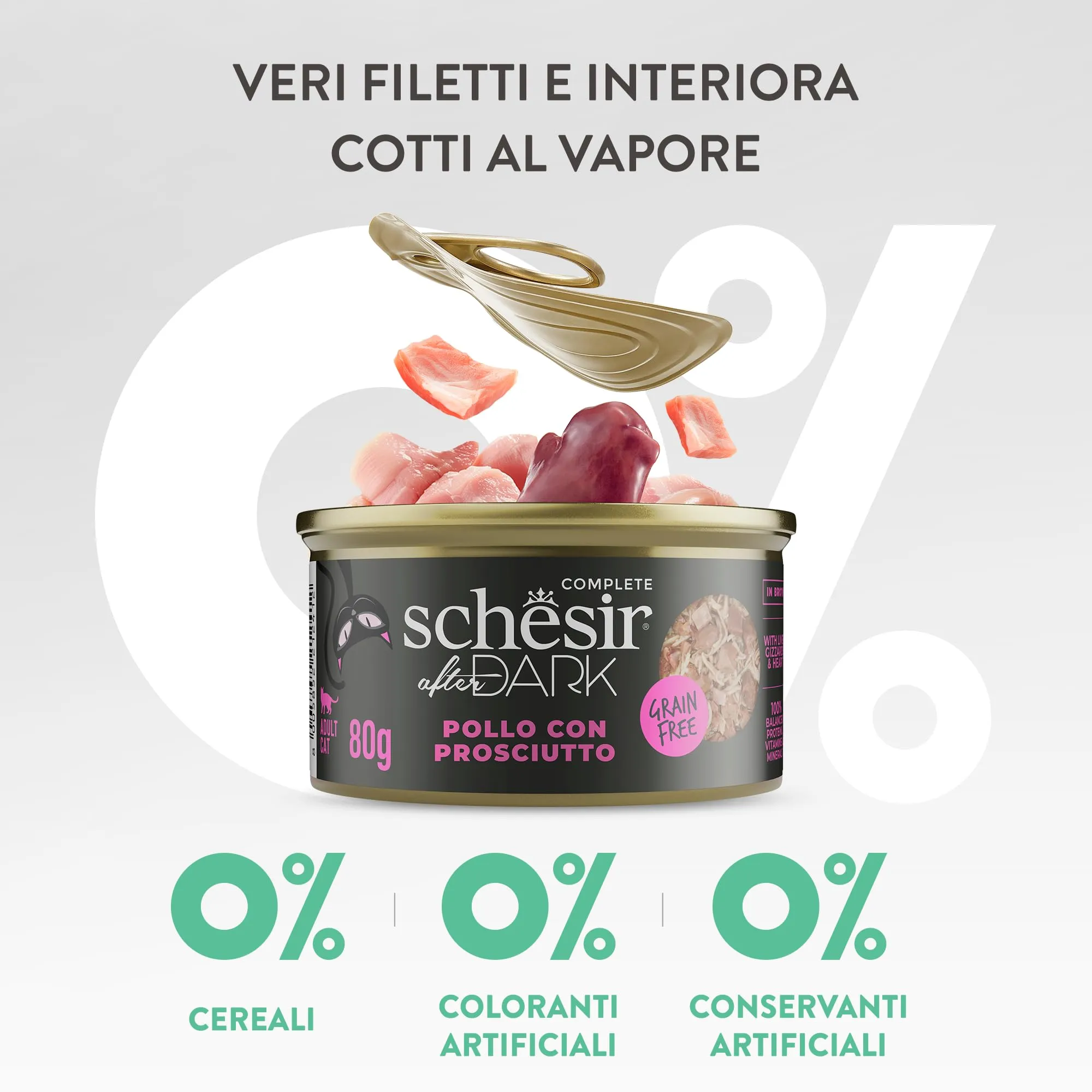 Schesir After Dark, Filetti di Pollo con Prosciutto in Brodo, Alimento Umido Completo per Gatti, in Lattina, Grain Free, Alto Contenuto di Proteine, Fonte di Idratazione, 12 x 80 g - immagine 8