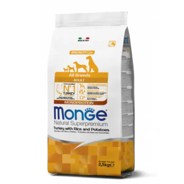 Monge Natural Superpremium All Breeds Adult Monoprotein Tacchino con Riso e Patate 12 kg - Crocchette monoproteiche cane - immagine 1