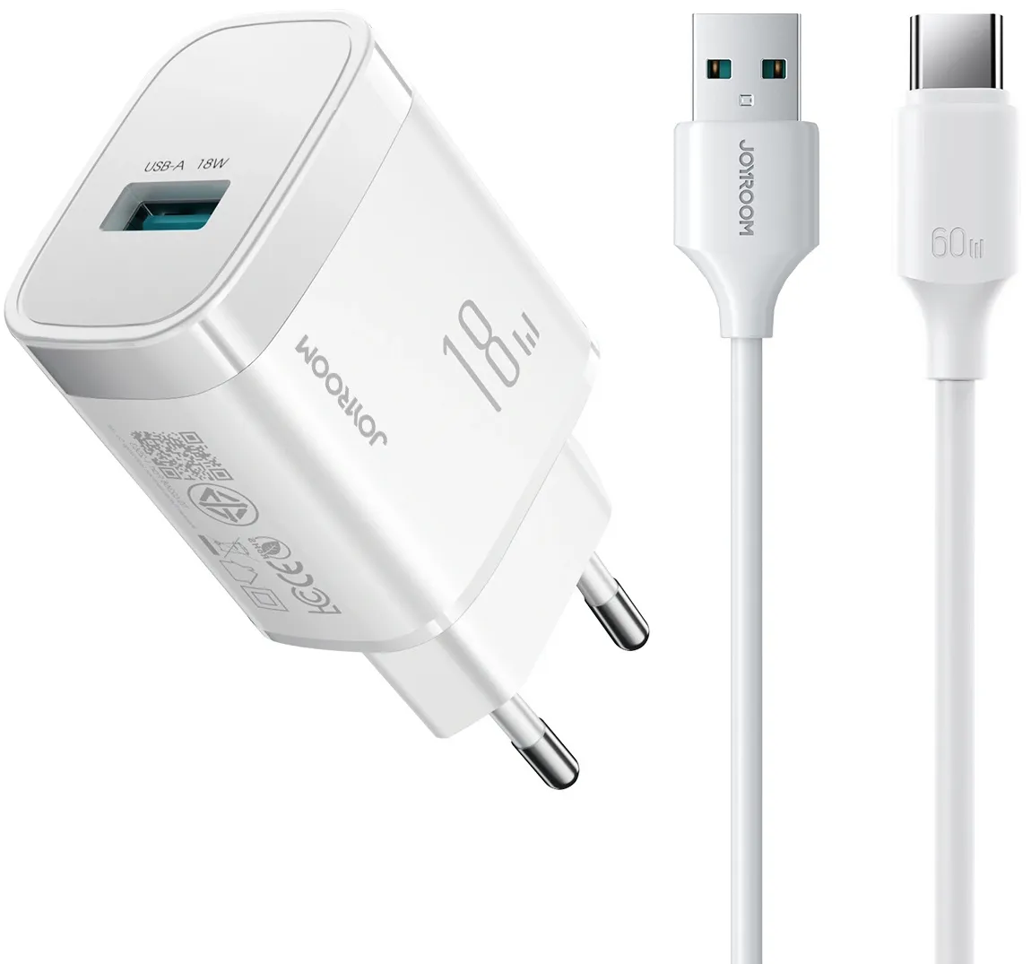 Caricatore da Rete con Cavo USB-C Joyroom JR-TF4, 18W, 3A, 1 x USB-A, Bianco - immagine 1