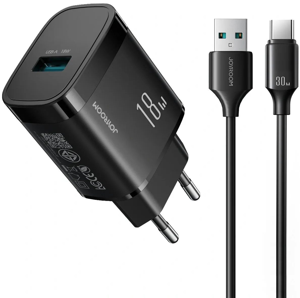 Caricatore da Rete con Cavo USB-C Joyroom JR-TF4, 18W, 3A, 1 x USB-A, Nero - immagine 1