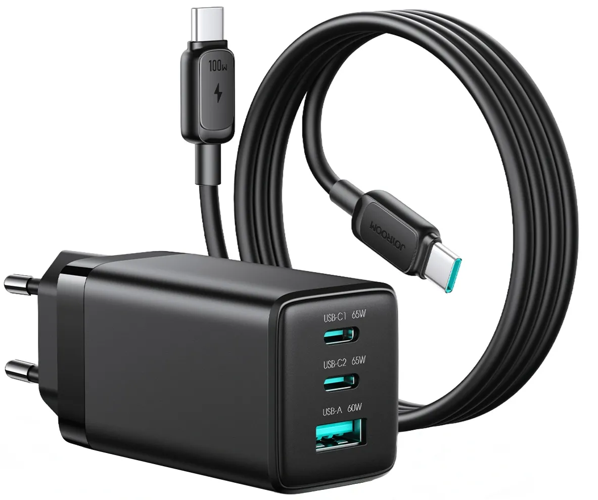 Caricatore da rete con cavo USB-C Joyroom JR-TG10, 65W, 3.25A, 1 x USB-A - 2 x USB-C, Nero - immagine 1