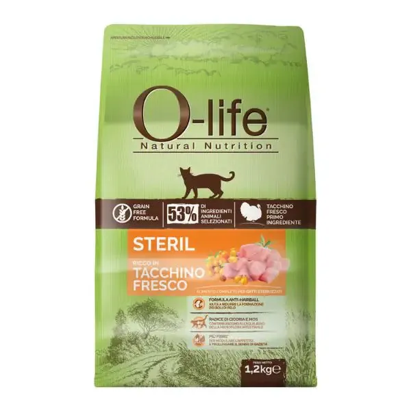 O-life Cat Sterilised Grain Free Tacchino fresco 1,2 kg - Croccantini per gatti - immagine 1