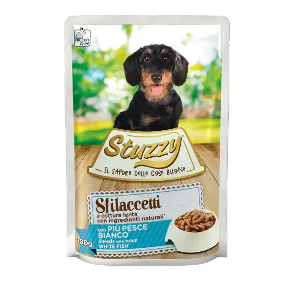 Stuzzy Dog Sfilaccetti a cottura lenta 100 gr Pesce bianco - confezione da 24 pezzi - Cibo umido per cani - immagine 1