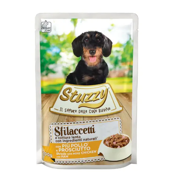 Stuzzy Dog Sfilaccetti a cottura lenta 100 gr Pollo e prosciutto - confezione da 24 pezzi - Cibo umido per cani - immagine 1