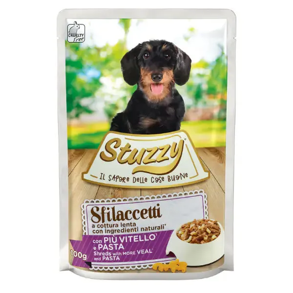 Stuzzy Dog Sfilaccetti a cottura lenta 100 gr Vitello e Pasta - confezione da 24 pezzi - Cibo umido per cani - immagine 1