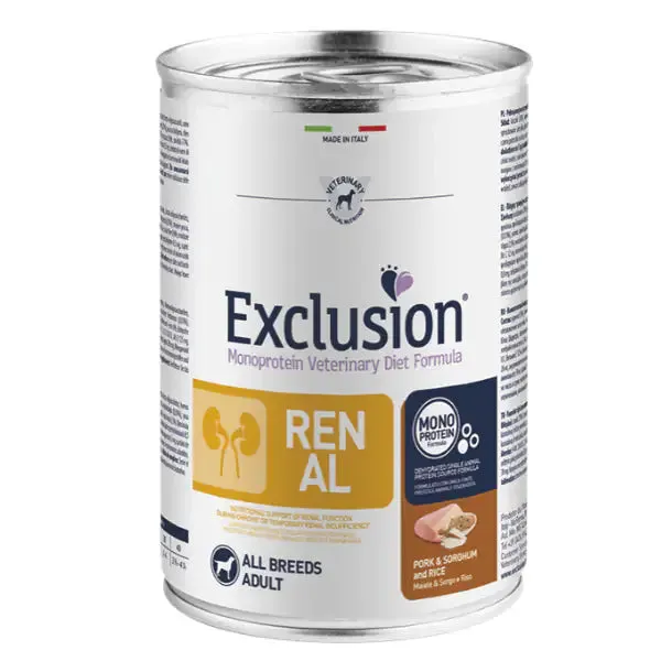 Exclusion Diet Renal All Breeds Adult Maiale Sorgo e Riso 400 gr - confezione da 6 pezzi - Umido monoproteico cane - immagine 1