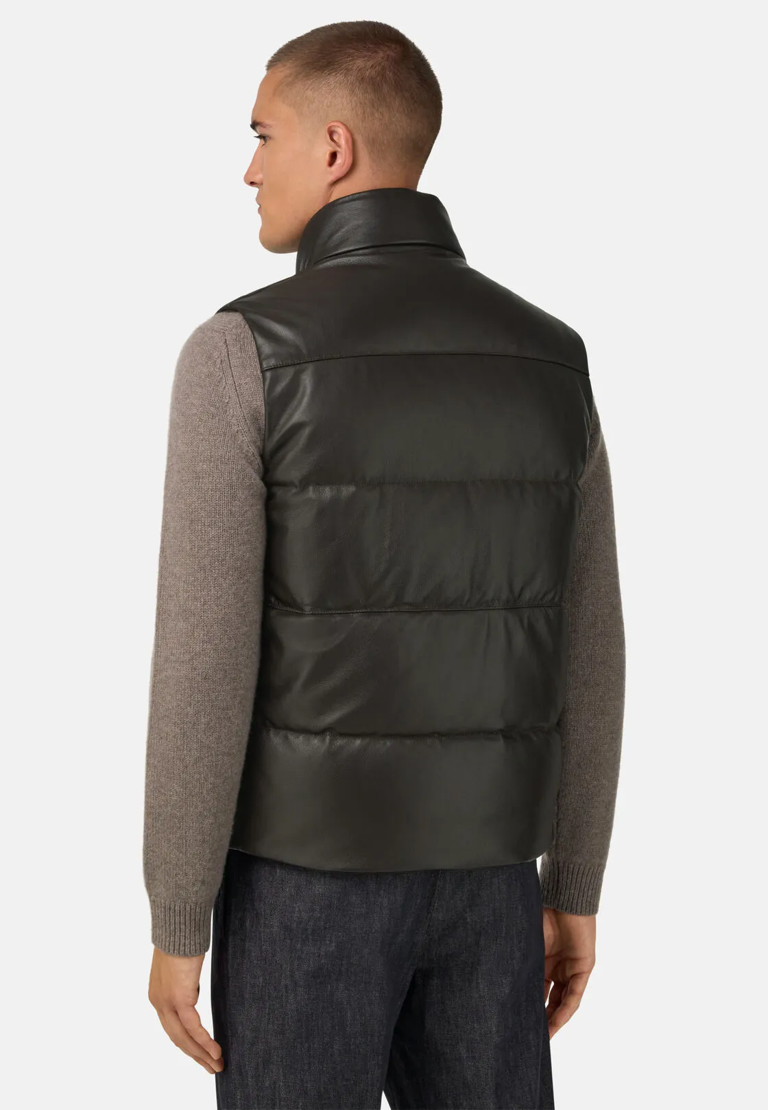 Boggi, Gilet In Vera Pelle Imbottito In Piuma, Uomo, Marrone scuro, Taglia: M - immagine 3