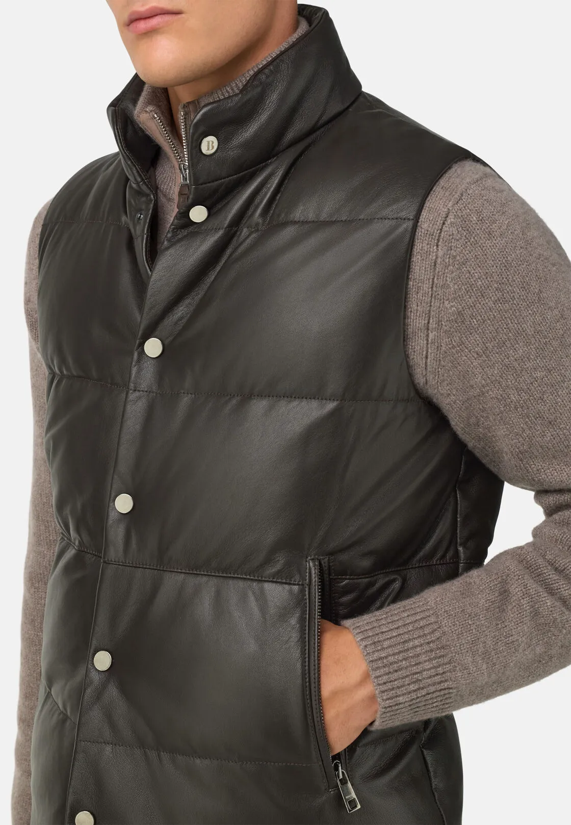Boggi, Gilet In Vera Pelle Imbottito In Piuma, Uomo, Marrone scuro, Taglia: M - immagine 4