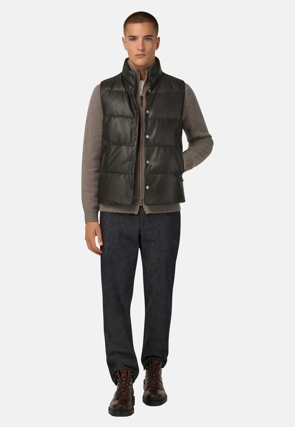 Boggi, Gilet In Vera Pelle Imbottito In Piuma, Uomo, Marrone scuro, Taglia: XL - immagine 2