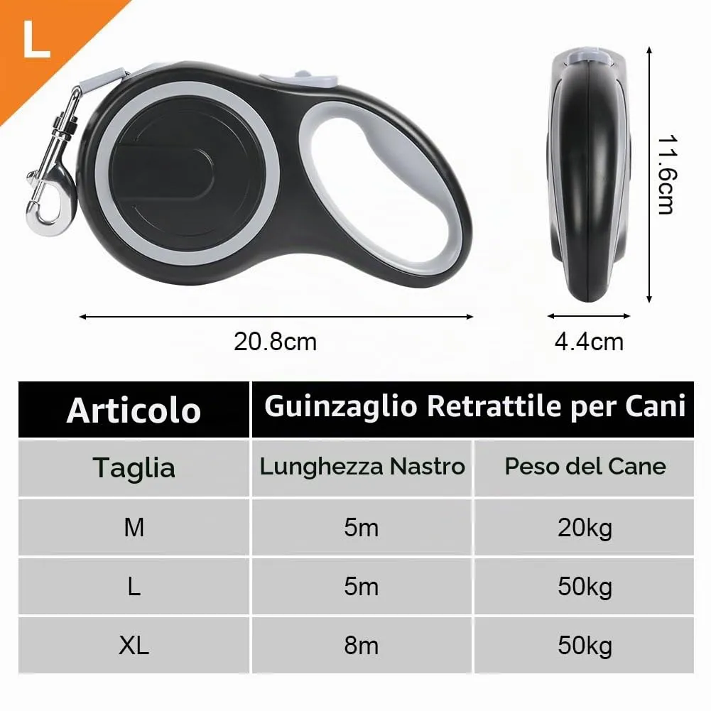 Aomig Guinzaglio per Cani Allungabile, Cani Guinzaglio con Sistema di Guida e Frenata a 360°, Lunghezza Estensibile 5 m(Fino a 50 Kg), Guinzaglio Flessibile per Addestramento e Passeggiate Grigio - immagine 2
