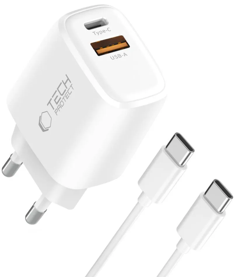 Caricatore da Rete con Cavo USB-C Tech-Protect NCA20, 20W, 3A, 1 x USB-A - 1 x USB-C, Bianco - immagine 1