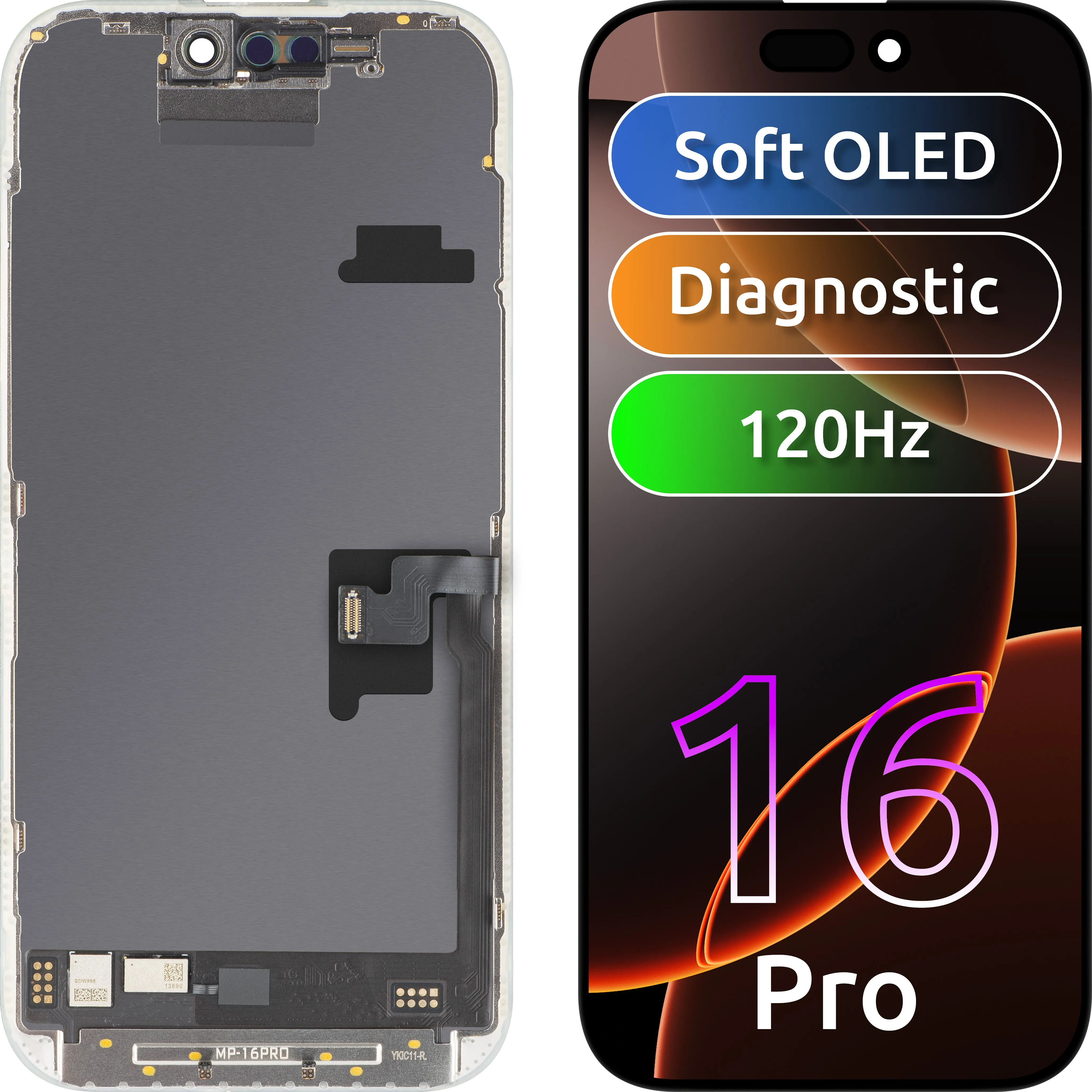 Display con Touchscreen MP compatibile con Apple iPhone 16 Pro, con Cornice, Versione Software OLED FHD 120Hz Diagnostica, Nero - immagine 1