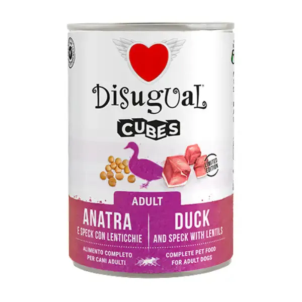 Disugual Dog Adult Cubes 400 gr Anatra e speck con lenticchie - confezione da 6 pezzi - Cibo umido per cani - immagine 1