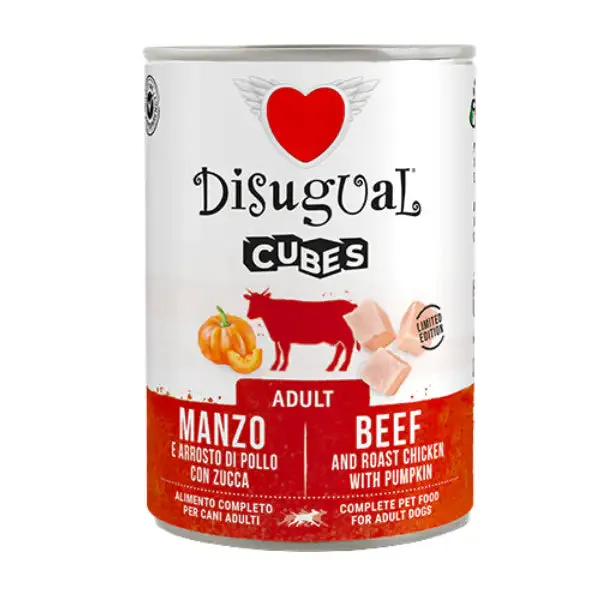 Disugual Dog Adult Cubes 400 gr Manzo e cubetti di arrosto di pollo con zucca - confezione da 6 pezzi - Cibo umido per cani - immagine 1